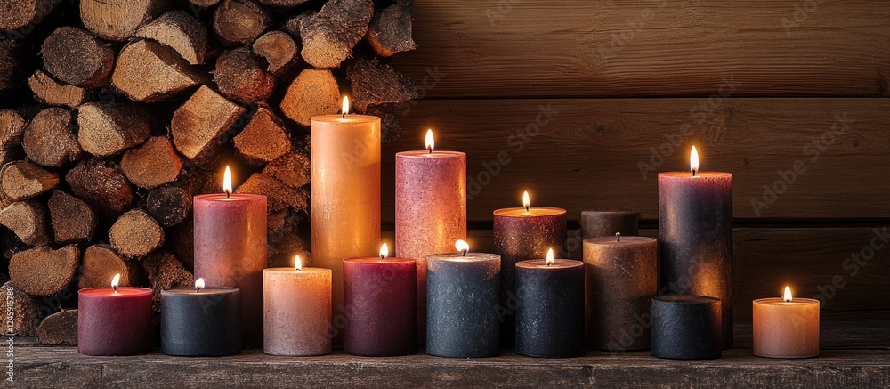 Poster candles illuminating a rustic wood background creating a warm and inviting atmosphere for relaxation