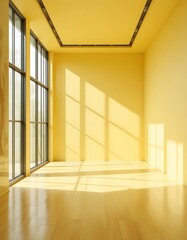 Fototapeta premium Sunlit Empty Room With Large Windows And Yellow Walls