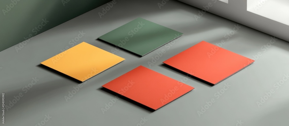 Poster business card mockup template featuring solid color designs on a gray background with natural lighti