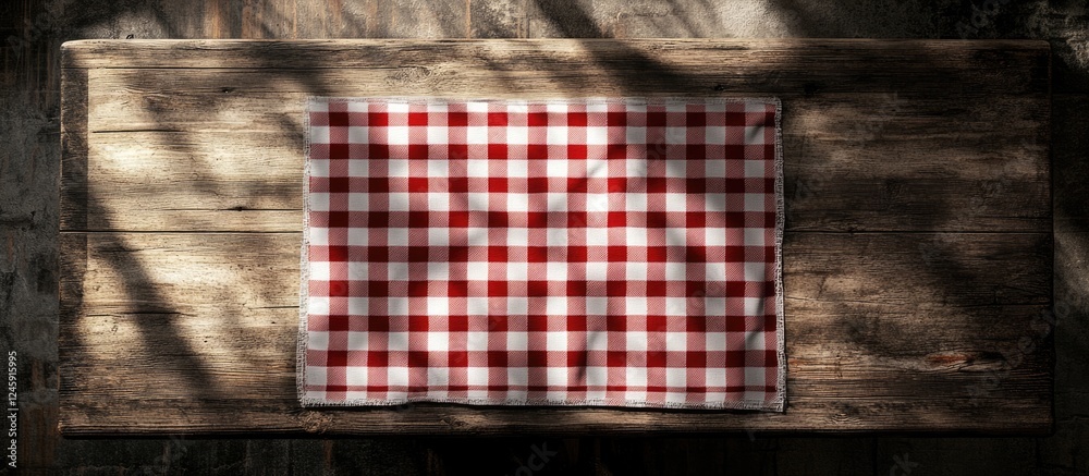 Aufkleber Checkered tablecloth on rustic wooden table for product display or photomontage in an inviting and warm setting