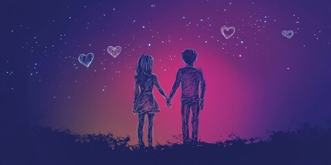 Obraz premium A hand-drawn, doodle-style couple holding hands under a star...