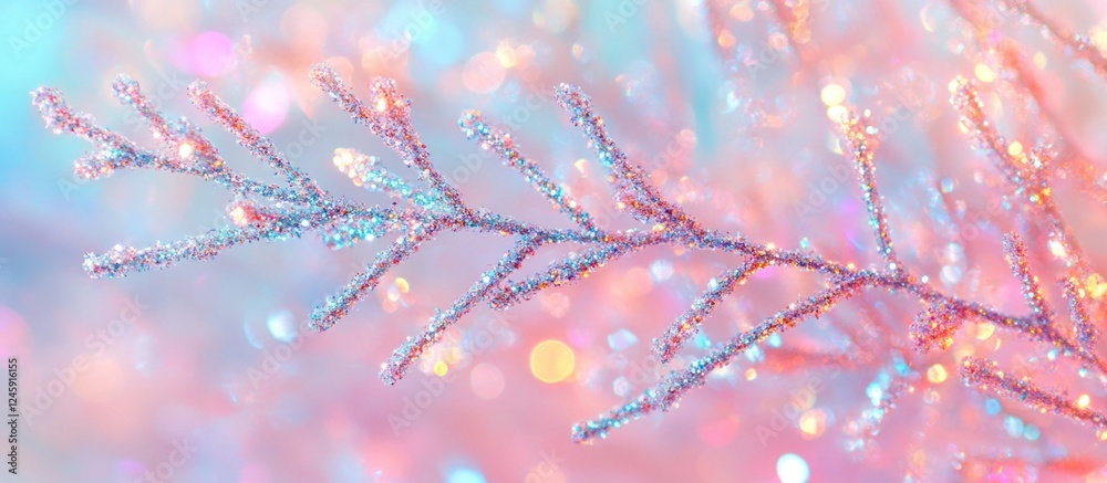 Aufkleber Branches of Christmas tree adorned with glitters on a soft pastel color background creating a festive and dreamy atmosphere