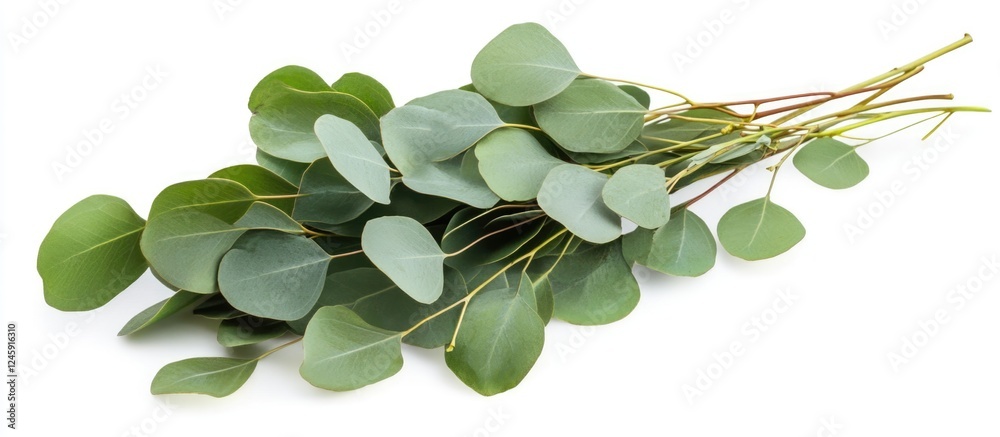 Poster fresh eucalyptus leaves arranged on a white background showcasing their natural beauty with ample sp