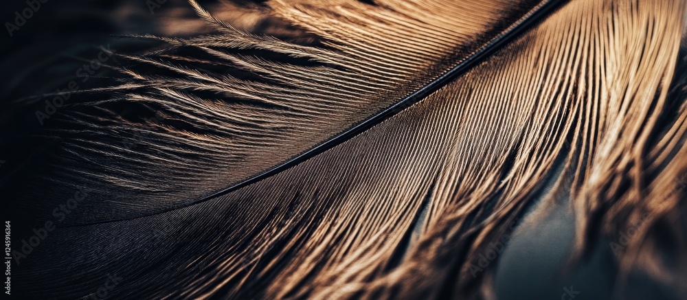 Poster feather close-up showcasing intricate brown and black line details against a dark background for nat
