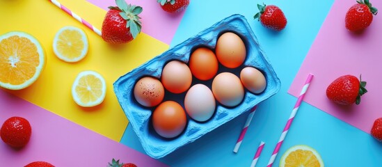 Colorful flat lay of blue egg container surrounded by fresh fruits and straws on a geometric background showcasing minimalism and vibrancy.
