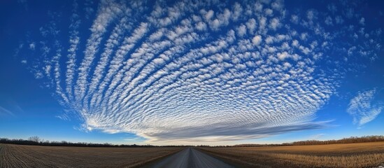 Serene blue sky panorama with cirrocumulus clouds and a clear horizon showcasing natural beauty and tranquility in a rural landscape.