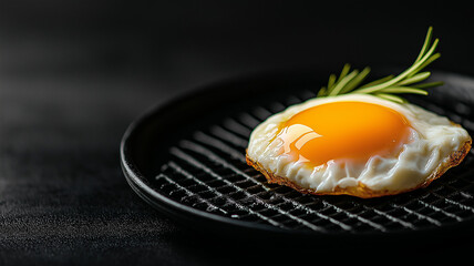 Fried egg on black plate garnished with fresh herbs, showcasing vibrant yolk. This dish is perfect for breakfast or brunch, adding touch of elegance to any meal