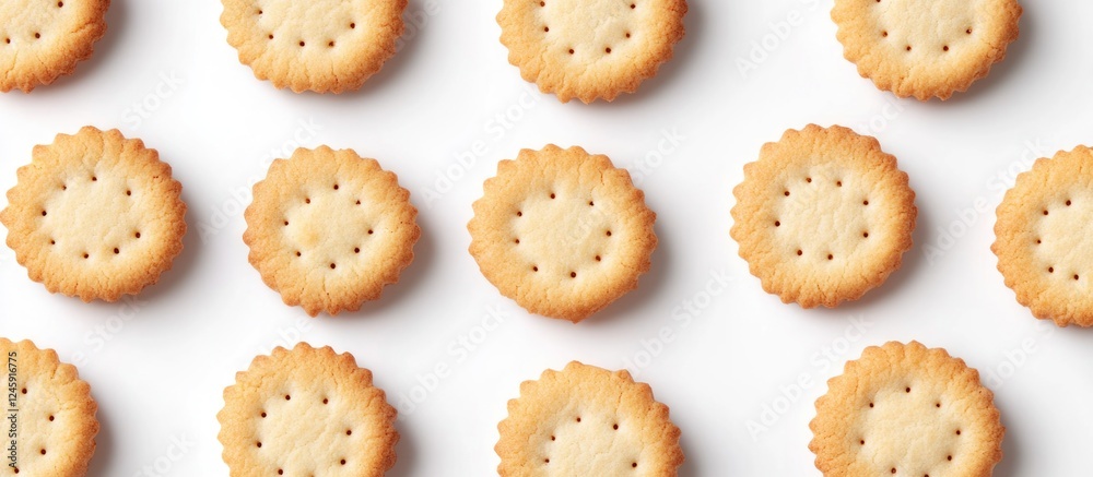 Poster Pattern of round butter cookies arranged on a white background showcasing their texture and design. Perfect for food and baking themes.
