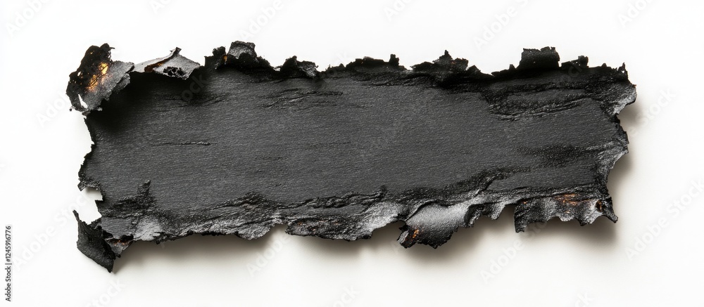 Poster Burnt paper texture isolated on white background for artistic or design purposes showcasing charred edges and deep black color.