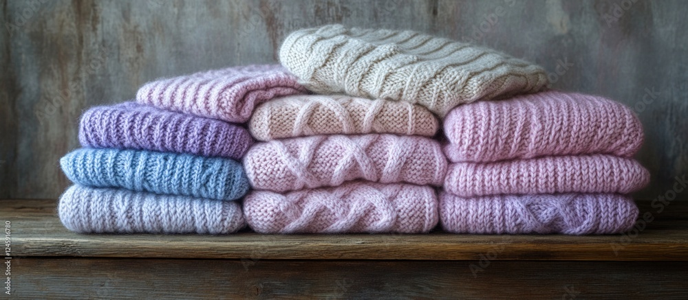 Aufkleber pastel color knitted sweaters folded in stack on brown wooden table with grungy wall background