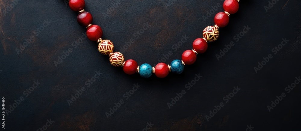 Poster elegant bead necklace arrangement on a dark background with space available for custom text or brand
