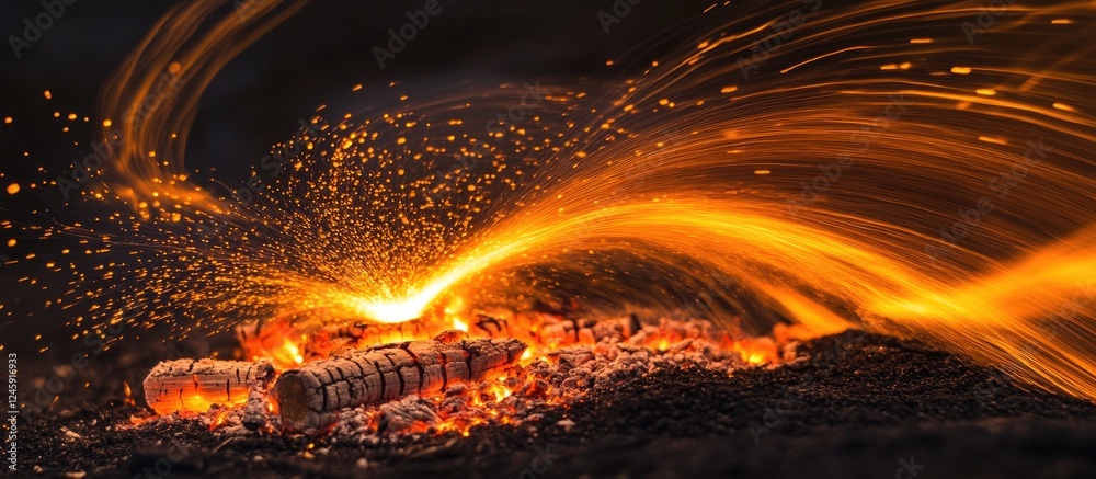 Poster Dynamic sparks and glowing embers from a smoldering fire creating a dramatic display of light and heat on a dark background