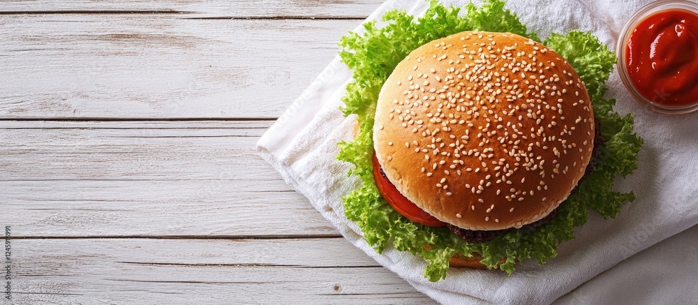 Poster fresh sesame burger bun on a white towel with lettuce and ketchup on a light wooden surface creating