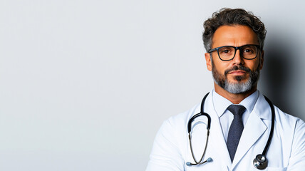 Fototapeta premium Professional portrait of confident middle aged male doctor in white coat, wearing glasses and stethoscope, exuding trust and expertise in clinical setting