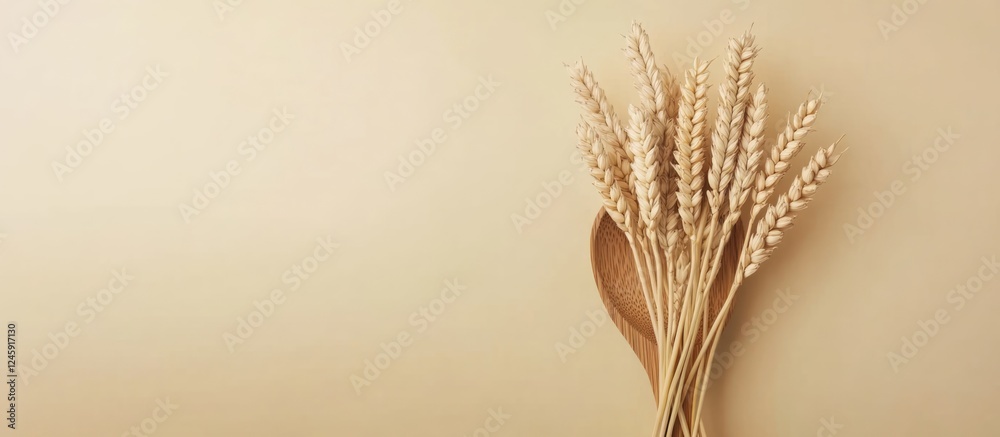 Aufkleber Wheat stalks arranged in a wooden spoon against a neutral background with ample space for text and design elements.