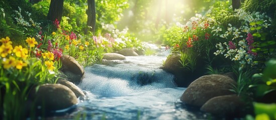 Bubbling river flows over stones surrounded by vibrant flowers in a sunlit natural landscape
