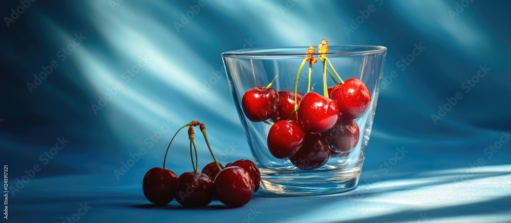 Poster fresh red cherries in a glass bowl on a blue background with soft sunlight and shadows creating an i