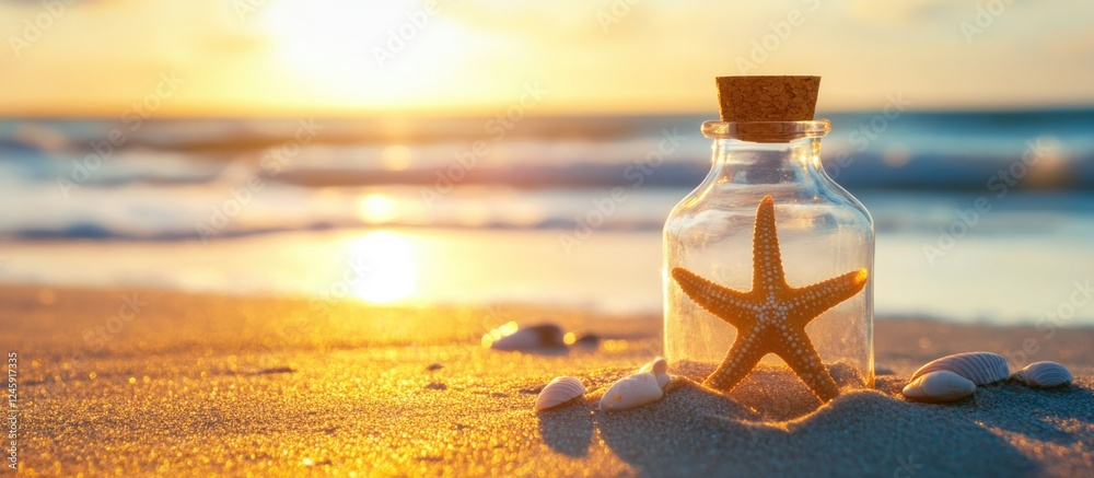 Poster bottle with starfish on sandy beach at sunset evoking tranquility and summer vibes in a coastal sett