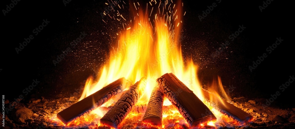 Poster campfire flames with glowing embers illuminating logs in a dark night setting creating a warm and co