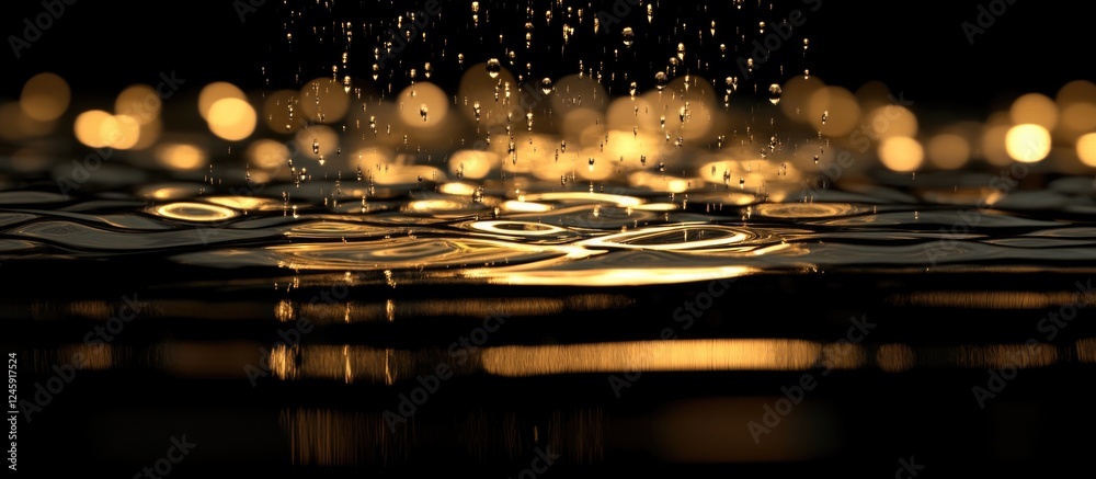 Poster Water surface with bubbles and golden reflections on a dark background creating a soothing and elegant visual texture