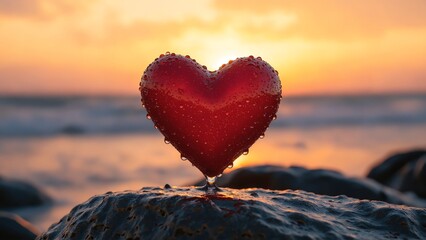 Fototapeta premium Red heart with water drops standing on wet rock during sunset