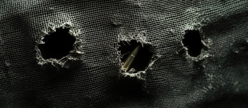 Bullet damage on Kevlar fabric from close-range AKM 74 fire showcasing penetration and effectiveness of bulletproof vests in combat situations