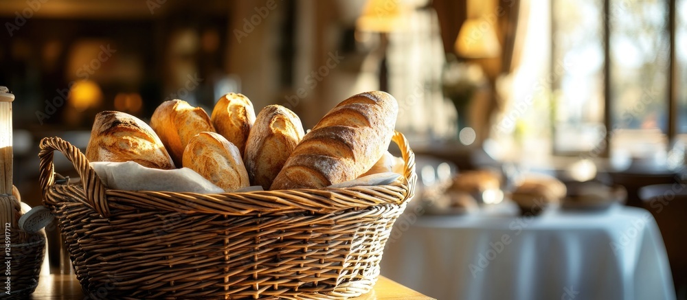 Aufkleber freshly baked bread and baguettes in a rustic basket at an elegant hotel breakfast buffet setting.