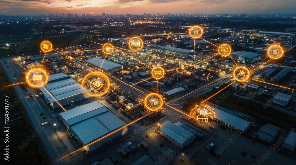 Poster An aerial view showing a network of sensor nodes in a manufacturing facility, with visual data flows indicating the expansive reach and speed of 5G networks.