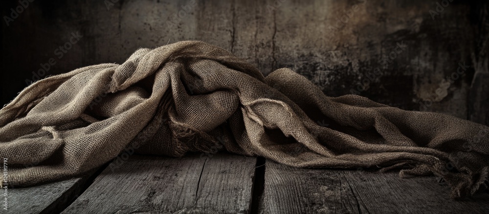 Aufkleber burlap hessian fabric draped on rustic wooden surface showcasing texture and warmth in a vintage set