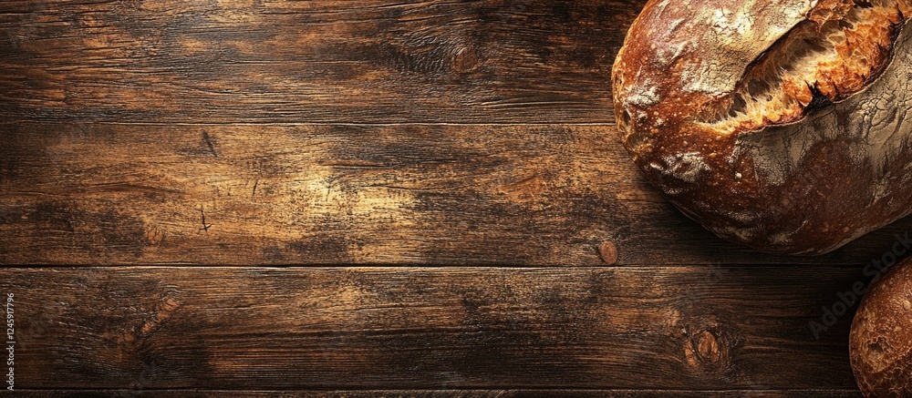 Aufkleber freshly baked artisanal bread on a rustic wooden table showcasing texture and detail in a close-up a
