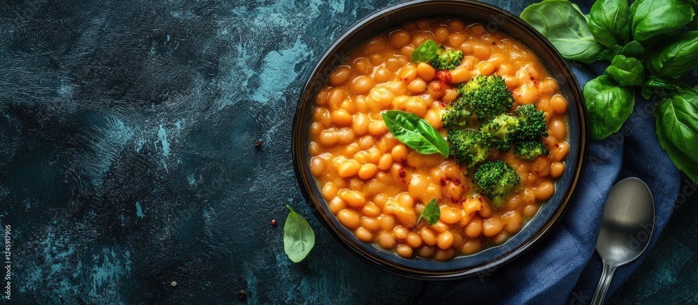 Aufkleber bowl of cheesy broccoli casserole with golden crust served with beans on a dark textured background 