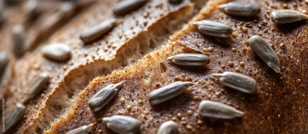Poster oval rye bread with sunflower seeds sprinkled on top, sliced in half, emphasizing its healthy and di