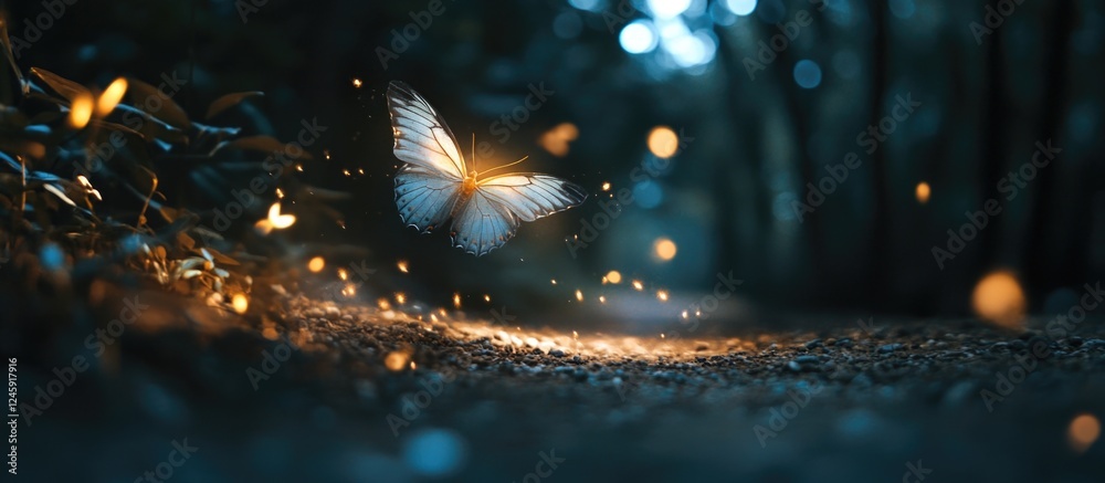 Poster Enchanting night butterfly illuminating a forest path with soft glow and motion blur creating a magical atmosphere in the serene surroundings