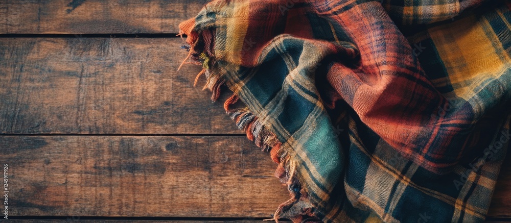 Poster checkered fabric draped on rustic wooden surface highlighting texture and colors in a cozy, warm set