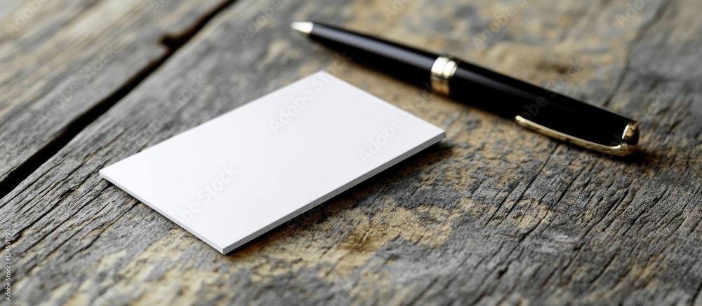 Poster business card and luxury pen on rustic wooden background for professional branding and networking co