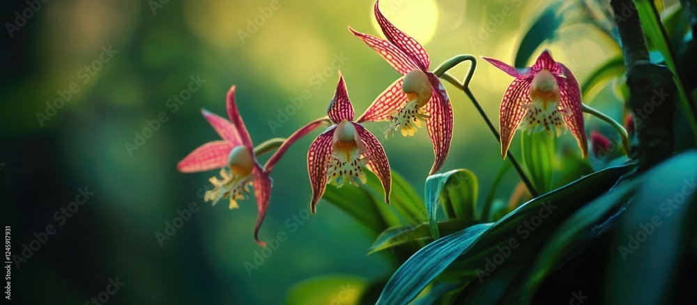 Poster bulbophyllum gracillimum orchids in natural setting showcasing delicate blooms with blurred backgrou