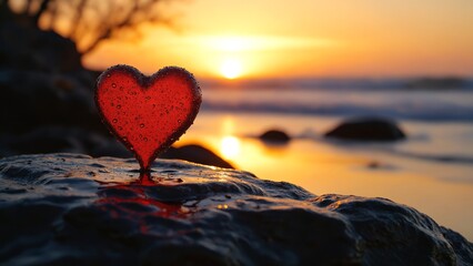Fototapeta premium Red heart with water drops standing on wet rock during sunset
