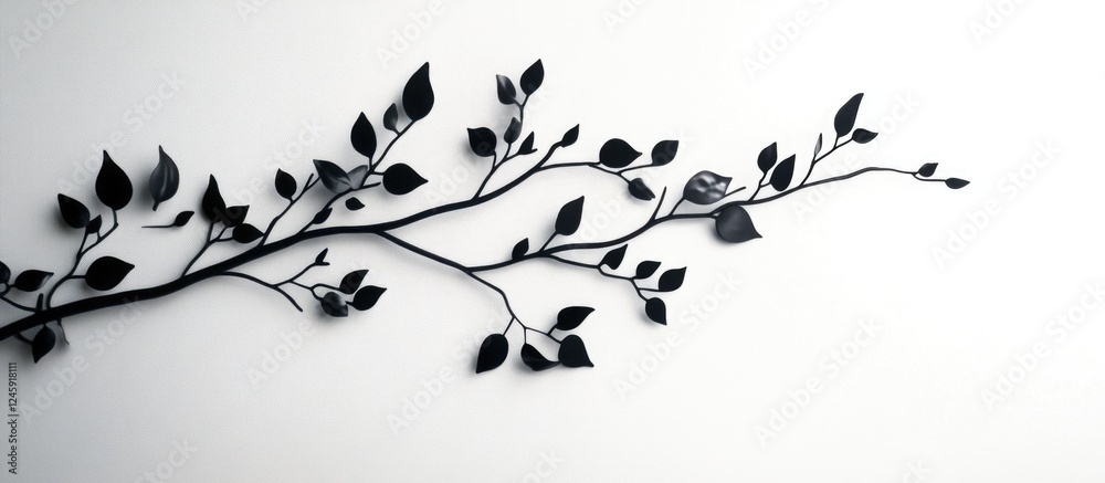 Poster Silhouette of a tree branch with leaves against a clean white background creating a minimal and elegant design element.