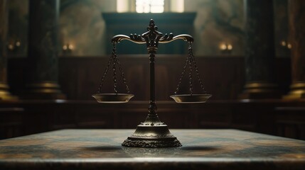 An antique balance scale positioned in a dimly lit, classical room, creating a sense of justice and tradition in a moody, atmospheric setting.