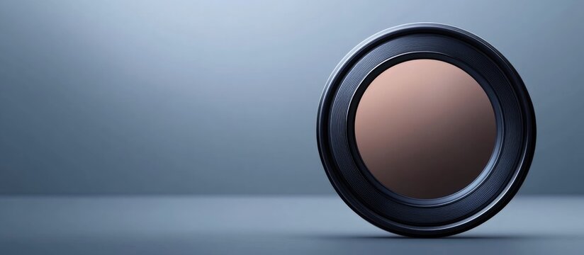 Camera lens featuring polarizing filter on a minimalist background with ample copy space for photography and cinematography promotions