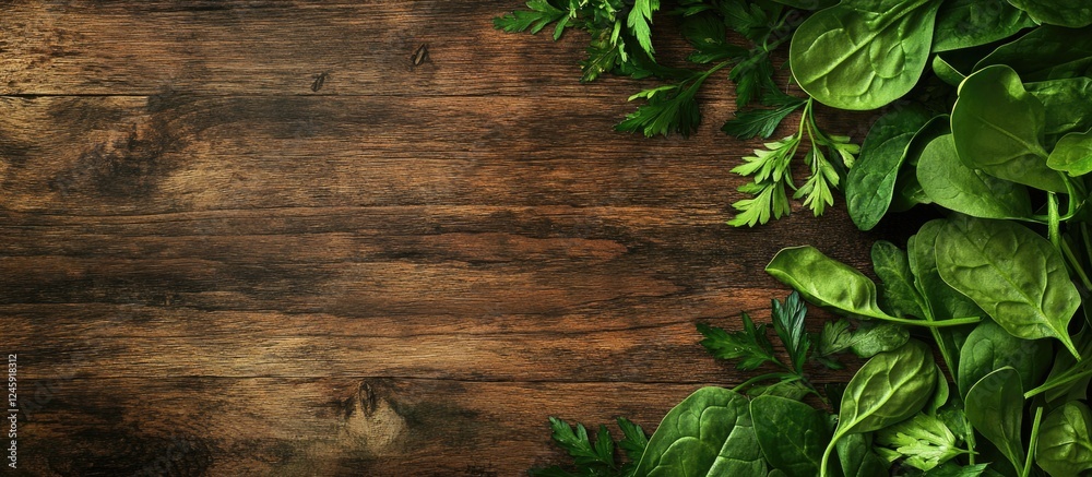 Poster fresh spinach and parsley leaves on textured wooden surface with empty space for text rustic healthy