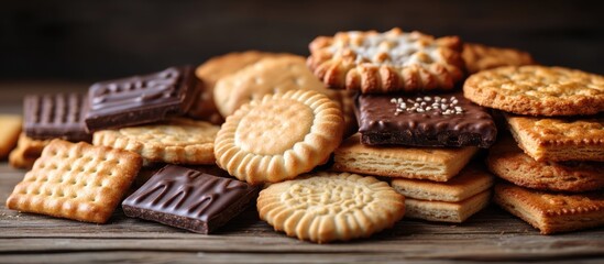 Assorted delicious cookies and biscuits arranged on a rustic wooden background perfect for dessert and snack concepts
