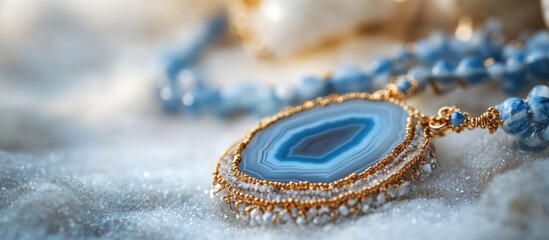 Elegant blue necklace featuring a stunning agate stone set in intricate gold detailing on a textured surface