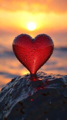 Fototapeta premium Red heart with water drops standing on wet rock during sunset