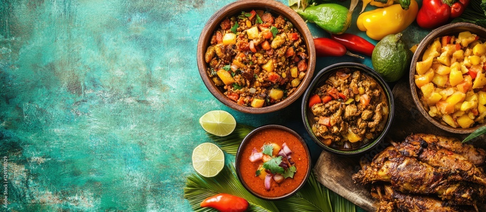 Aufkleber vibrant caribbean dishes with tropical ingredients and empty space for custom text or branding eleme
