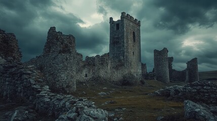 An atmospheric view of an abandoned medieval castle with weathered stone walls and towers, under a cloudy, gloomy sky, evoking mystery and history.