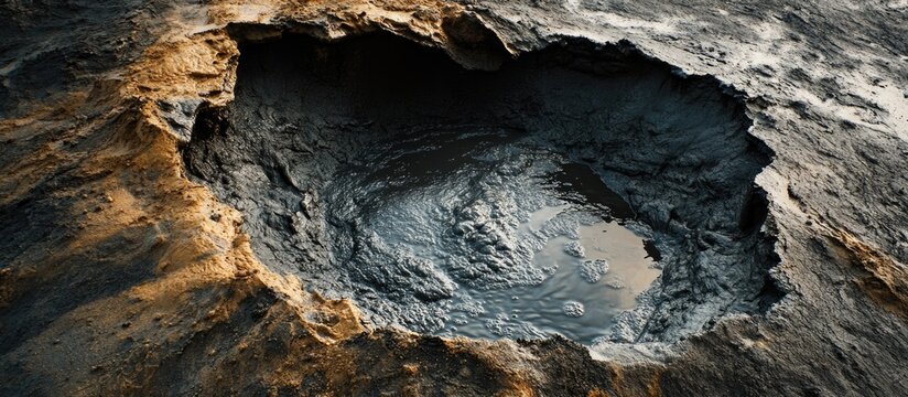 Mud volcano crater with bubbling mud and gas eruptions showcasing geothermal activity in Paclele Mari Buzau Romania. Close-up natural phenomenon.