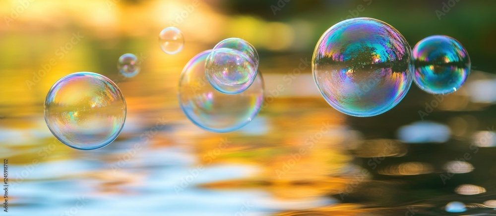 Aufkleber colorful soap bubbles floating above a shimmering water surface reflecting warm light in a serene ou
