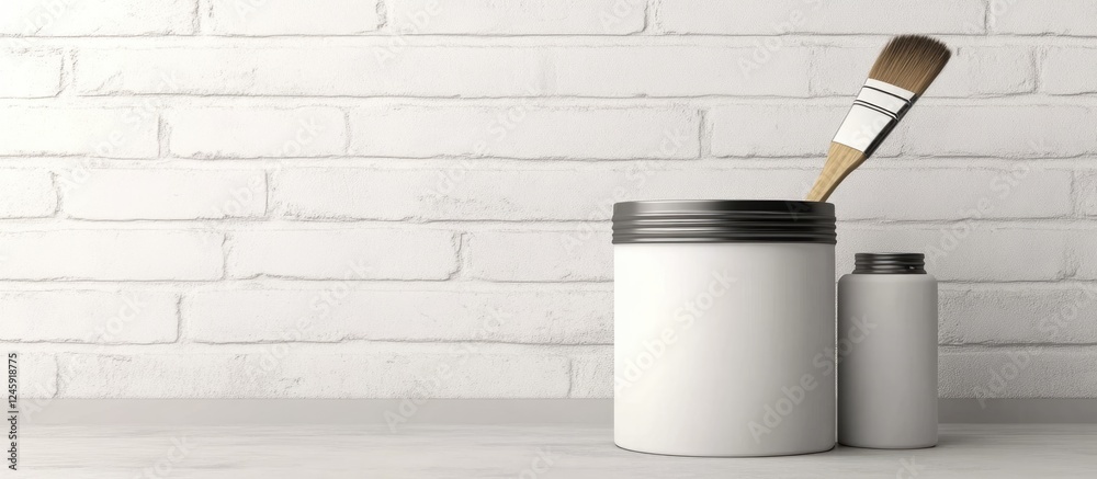 Poster paintbrush and paint can with blank wall background ideal for design projects or home improvement ad