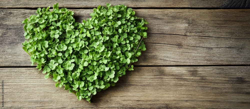 Aufkleber buckwheat sprouts arranged in a heart shape on rustic wooden background emphasizing love for healthy